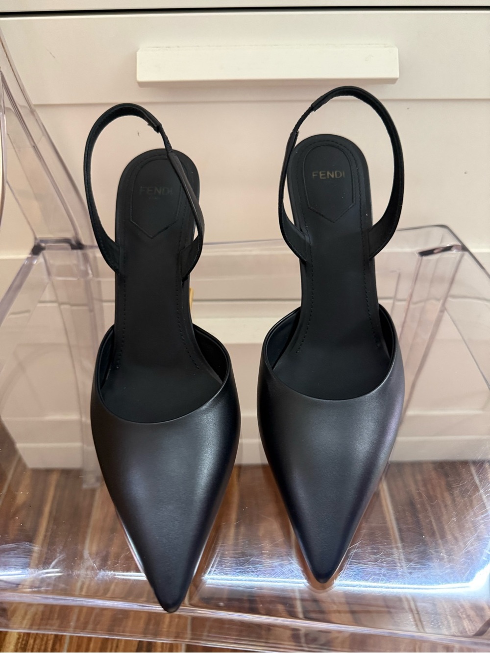 Fendi First Leather Black Slingback Pumps with Gold Heel - Picture 2 of 3